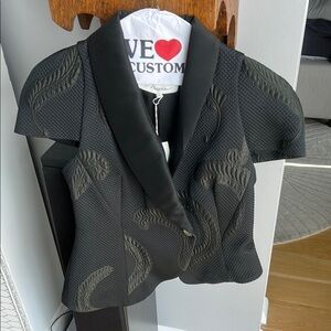 3.1 PHILLIP LIM Women's Black Embroidered Detail Textured Short Sleeve Blazer